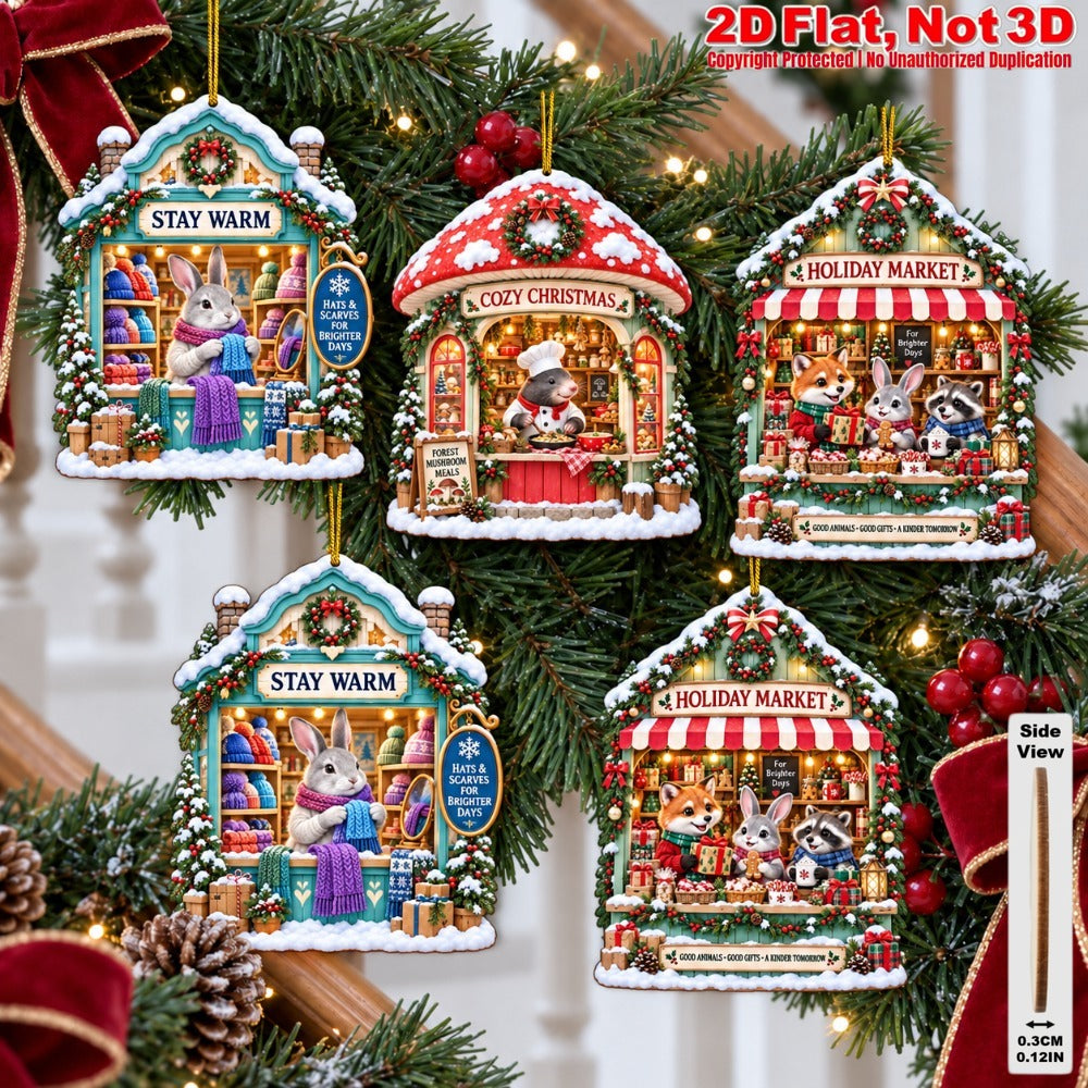 2D Flat 12Pcs Christmas Animal Winter Market Cottage Wooden Ornaments, Snowy Animal Village Shop Hanging Tree Toppers, Xmas Tree, Wall, Window, Door, Mantel, Porch Decor & Holiday Gift