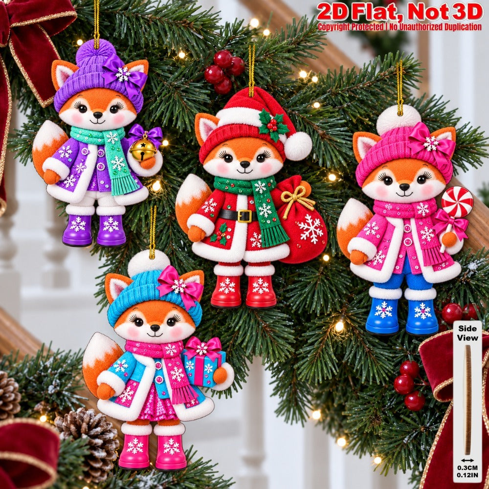 2D Flat 12Pcs Colorful Ornate Christmas Fox Wooden Ornaments, Gorgeous Fox Hanging Tree Toppers, Xmas Tree, Wall, Window, Door, Mantel, Porch Decor & Holiday Gift