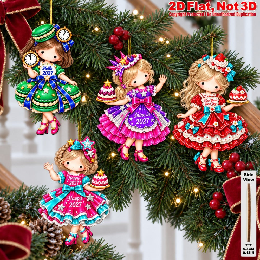 2D Flat 18Pcs New Year Sweet Dessert Girl Wooden Ornaments, 2027 Festive Inspirational Quotes, Vibrant Hanging Tree Toppers, Xmas Tree, Wall, Window, Door, Mantel, Porch Decor & Holiday Gift