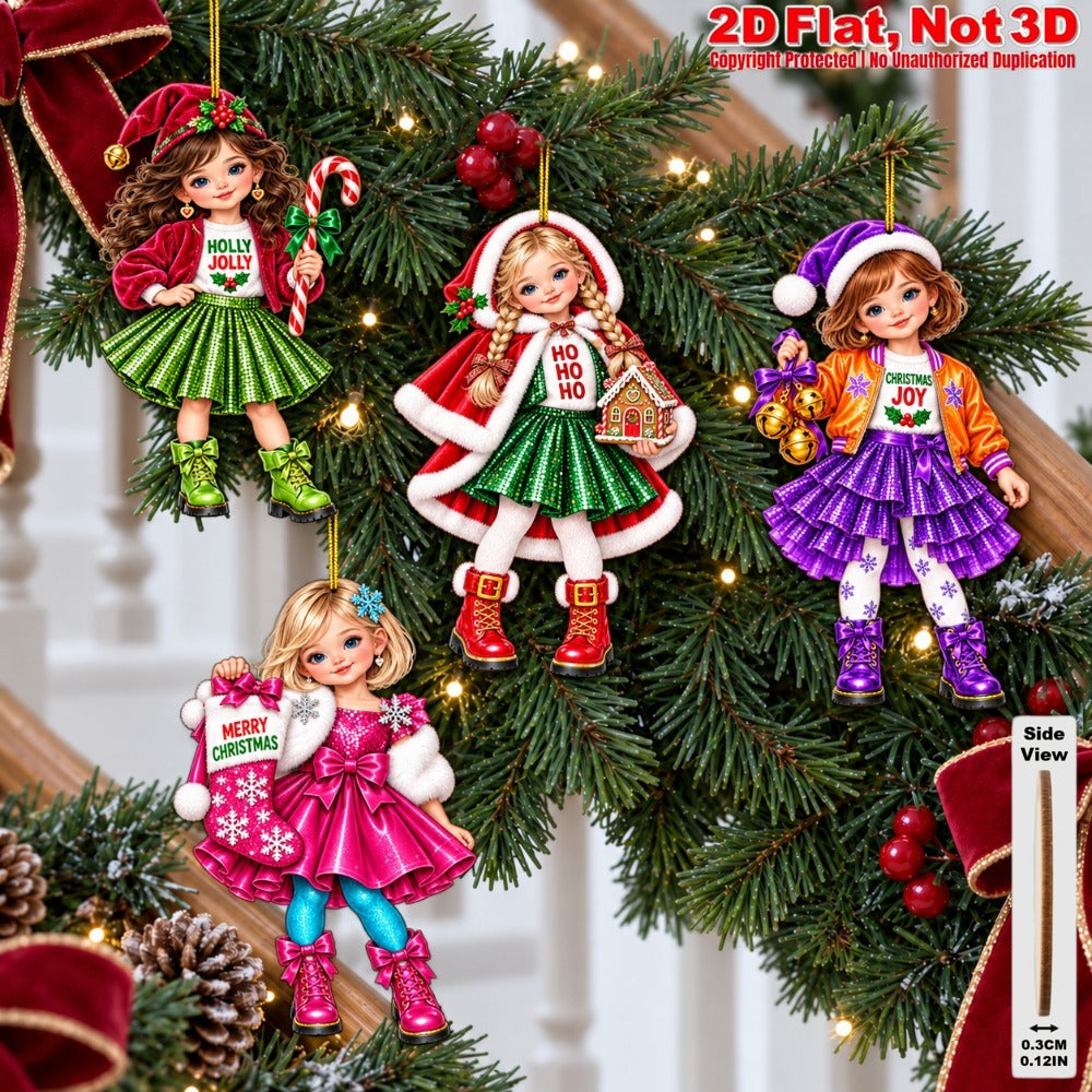 2D Flat 12Pcs Christmas Winter Outfit Girl Wooden Ornaments, Girl with Festive Christmas Greetings Quotes, Vibrant Xmas Hanging Tree Toppers, Xmas Tree, Wall, Window, Door, Mantel, Porch Decor & Holiday Gift