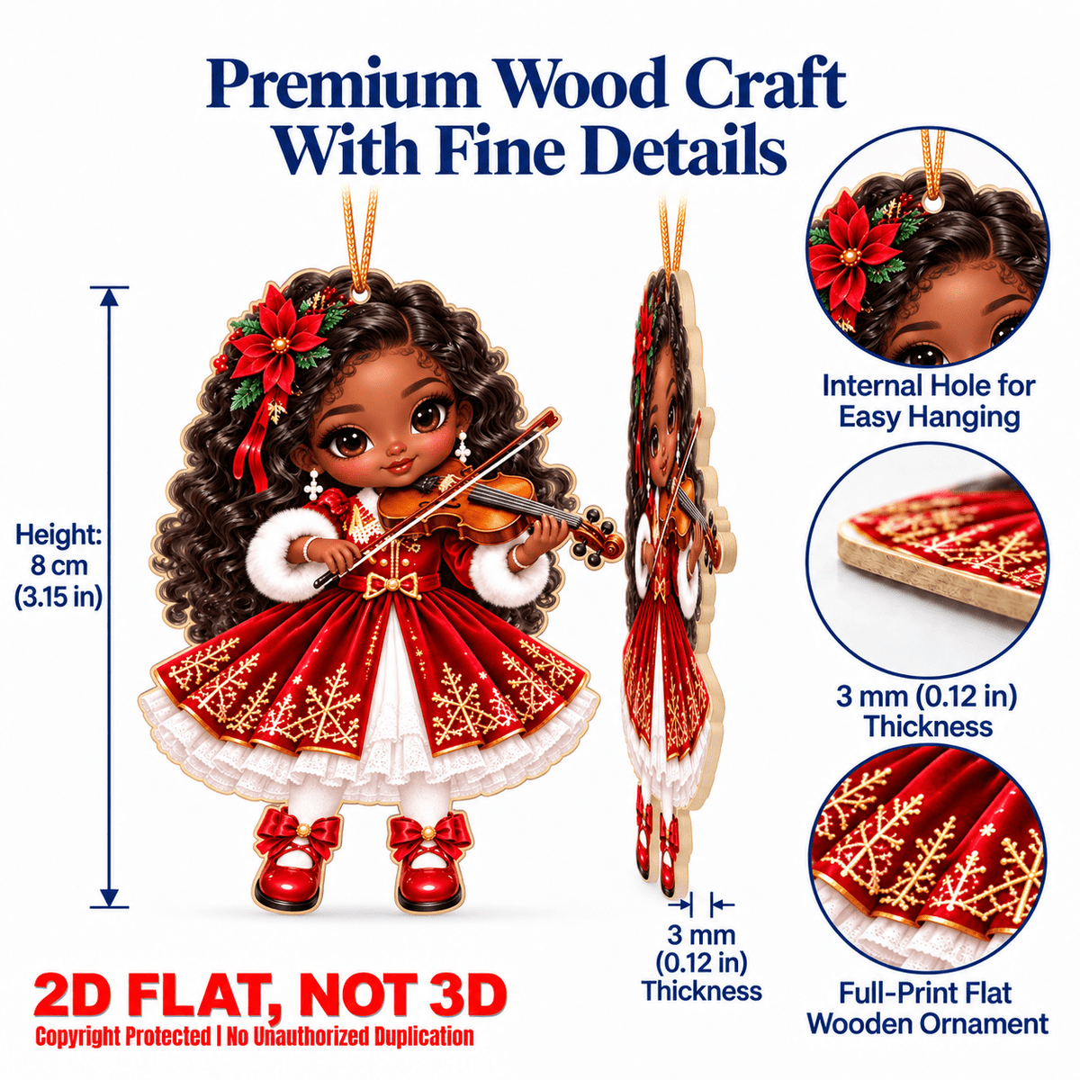 AdornJoy 18 Pcs African American Christmas Musician Ornament Sets - 3mm Festive Band 2D Flat Wooden Christmas Tree Ornaments
