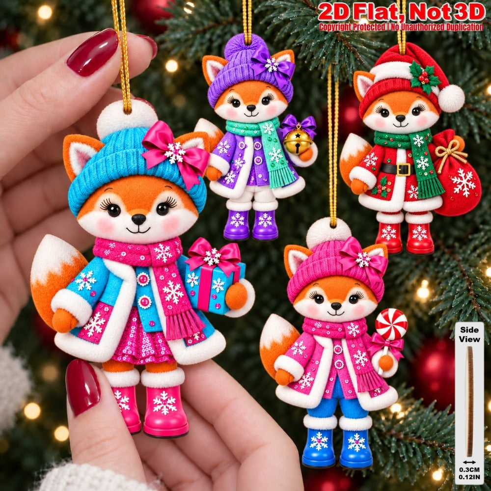 2D Flat 12Pcs Colorful Ornate Christmas Fox Wooden Ornaments, Gorgeous Fox Hanging Tree Toppers, Xmas Tree, Wall, Window, Door, Mantel, Porch Decor & Holiday Gift