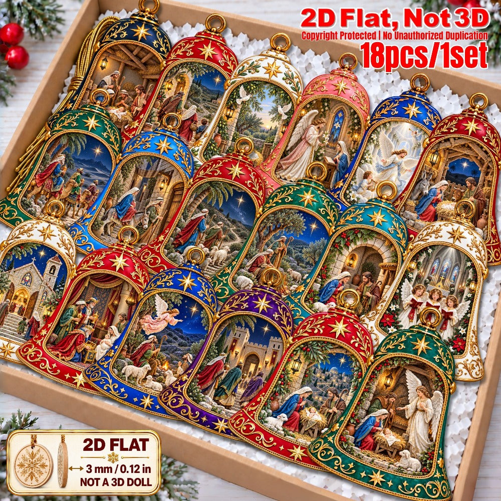 2D Flat 18Pcs Ornate Bell Shaped Nativity Scene Wooden Ornaments, Gorgeous Vintage Holy Birth Bell Hanging Tree Toppers, Xmas Tree, Wall, Window, Door, Mantel, Porch Decor & Holiday Gift