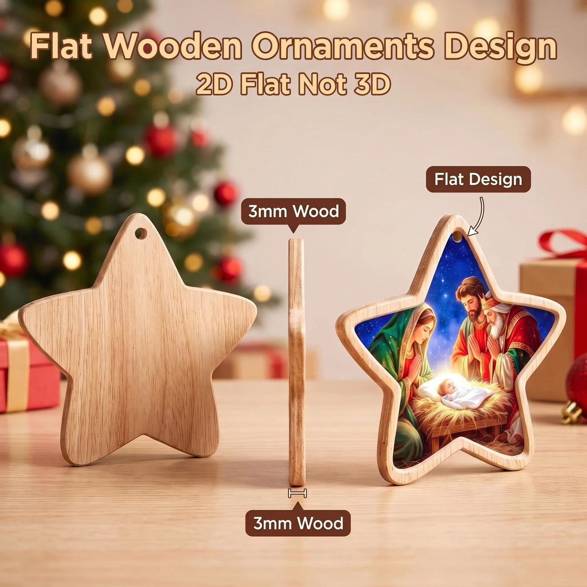 AdornJoy - Nativity Star – 3mm Wooden Christmas Ornament, 2D Flat Holy Family Nativity Tree Decoration, 15 Piece Sets