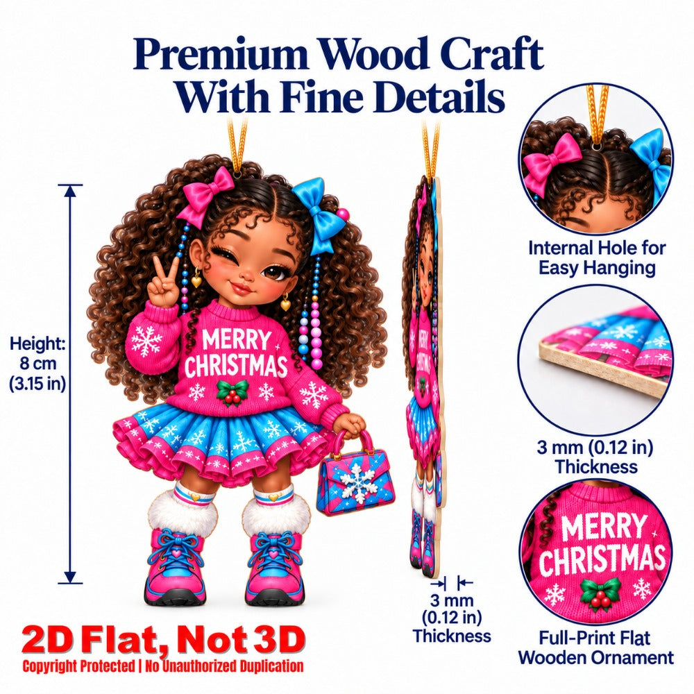 2D Flat 18Pcs Black Girl Comfort and Joy Quote Wooden Ornaments, Eye-Catching Wooden Hanging Ornaments for Christmas Trees