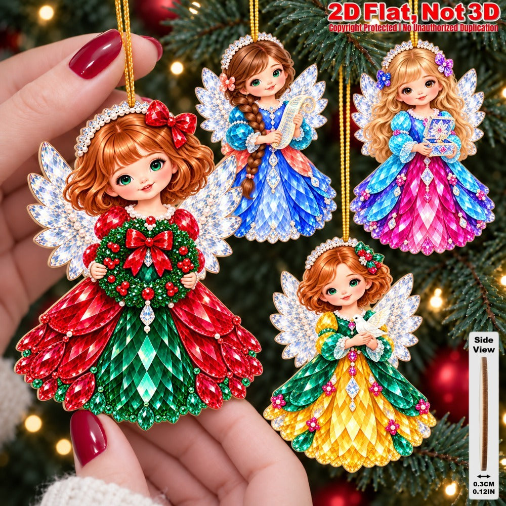 2D Flat 18Pcs Colorful Ornate Crystal Textured Christmas Angel Wooden Ornaments, Gorgeous Winged Angel Hanging Tree Toppers, Xmas Tree, Wall, Window, Door, Mantel, Porch Decor & Holiday Gift