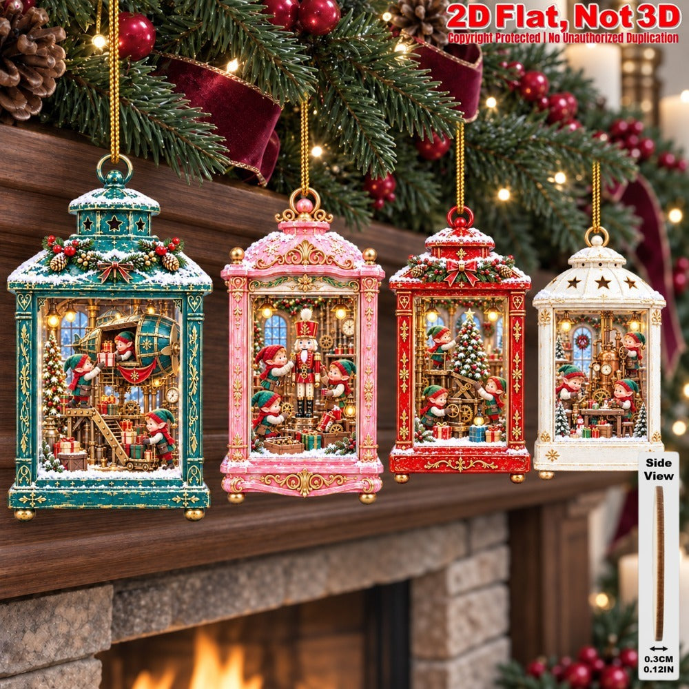 2D Flat 12Pcs Steampunk Elf Mini Scene Wooden Ornaments, Vintage Christmas Lantern Elf Hanging Tree Toppers, Xmas Tree, Wall, Window, Door, Mantel, Porch Decor & Holiday Gift
