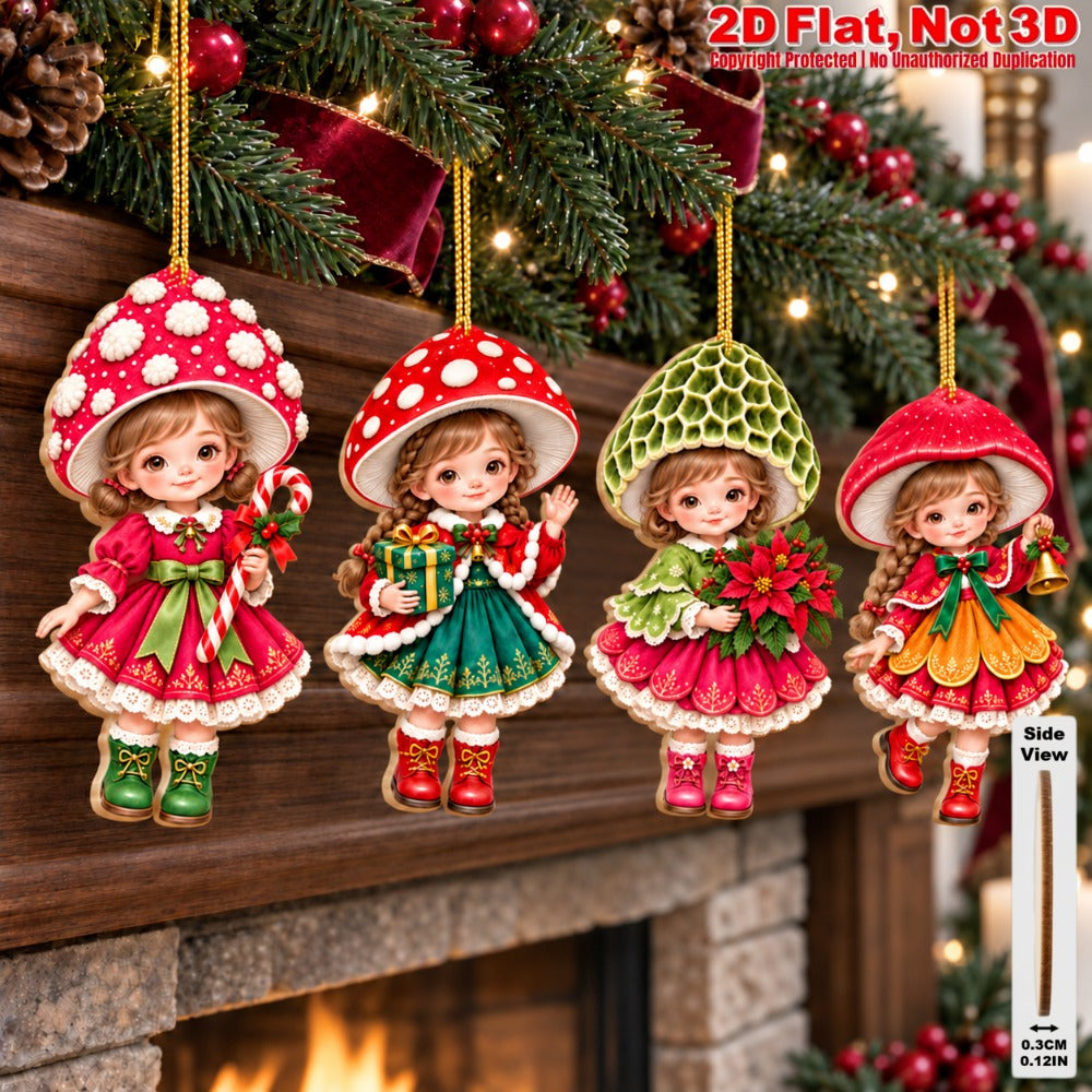 2D Flat 18Pcs Christmas Mushroom Hat Girl Wooden Ornaments, Vibrant Xmas Hanging Tree Toppers, Xmas Tree, Wall, Window, Door, Mantel, Porch Decor & Holiday Gift