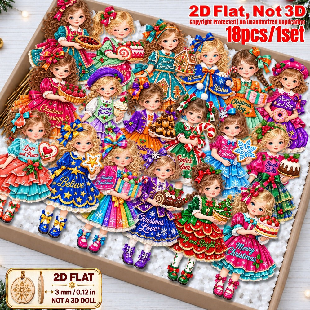 2D Flat 18Pcs Christmas Holiday Girl Wooden Ornaments, Girl with Festive Christmas Greetings Quotes, Vibrant Xmas Hanging Tree Toppers, Xmas Tree, Wall, Window, Door, Mantel, Porch Decor & Holiday Gift