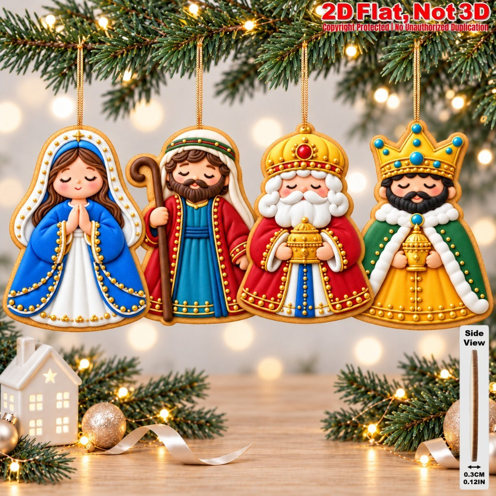 2D Flat 12Pcs Ornate Cookie-Style Nativity Character Wooden Ornaments, Gorgeous Holy Birth Figures Hanging Tree Toppers, Xmas Tree, Wall, Window, Door, Mantel, Porch Decor & Holiday Gift