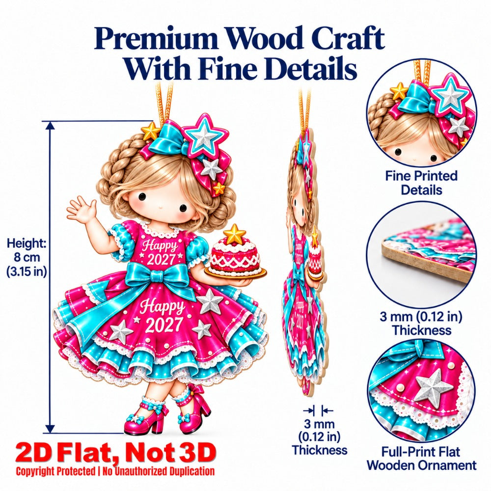 2D Flat 12Pcs New Year Sweet Dessert Girl Wooden Ornaments, 2027 Festive Inspirational Quotes, Vibrant Hanging Tree Toppers, Xmas Tree, Wall, Window, Door, Mantel, Porch Decor & Holiday Gift