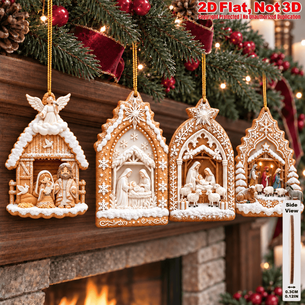 2D Flat 18Pcs Ornate Gingerbread Shaped Nativity Scene Wooden Ornaments, Snowy Holy Birth Hanging Tree Toppers, Xmas Tree, Wall, Window, Door, Mantel, Porch Decor & Holiday Gift