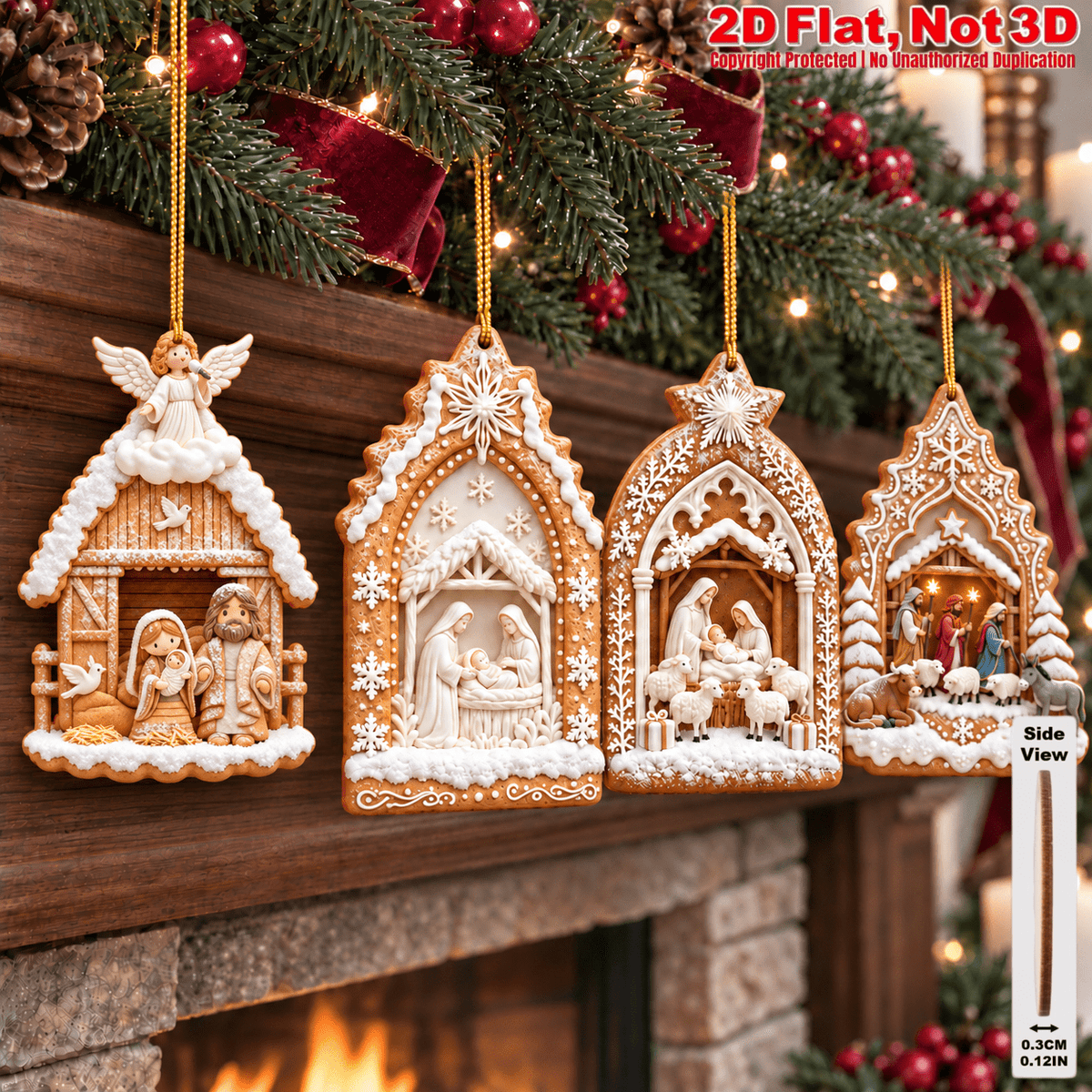 2D Flat 18Pcs Ornate Gingerbread Shaped Nativity Scene Wooden Ornaments, Snowy Holy Birth Hanging Tree Toppers, Xmas Tree, Wall, Window, Door, Mantel, Porch Decor & Holiday Gift