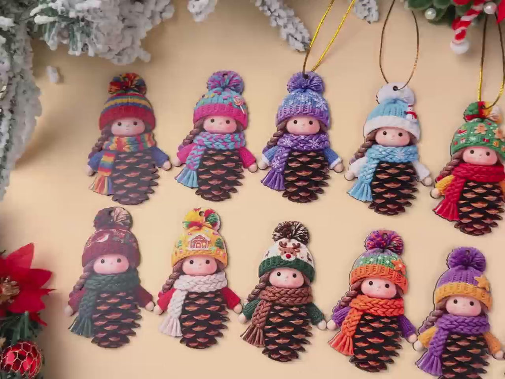 AdornJoy 16 Pcs Pinecone Girl Christmas Ornament Sets - 3mm Wooden 2D Flat Snowman Tree Ornaments