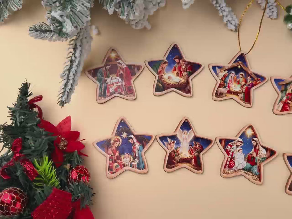 AdornJoy 15 Pcs Nativity Star Christmas Ornament Sets - 3mm Wooden 2D Flat Holy Family Nativity Tree Ornaments