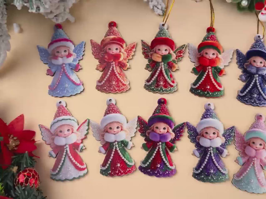 AdornJoy 18 Pcs Gorgeous Angel Christmas Ornament Sets - 3mm Graceful Wooden 2D Flat Angel Tree Ornaments