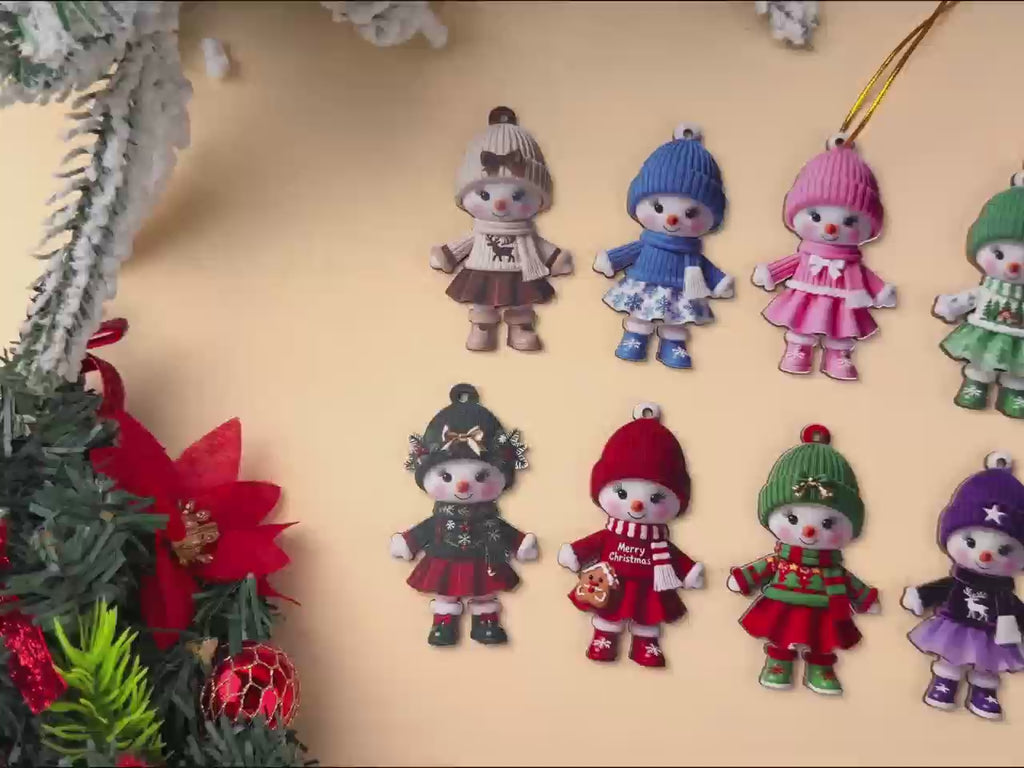 AdornJoy 18 Pcs Vibrant Snowman Christmas Ornament Sets - 3mm Colorful Wooden 2D Flat Snowman Tree Ornaments